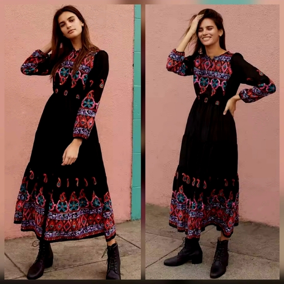 Bohemian Black Maxi Dress with Colorful Patterns - Picture 1 of 9